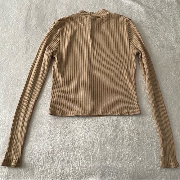 Tan Semi Cropped Funnel Neck Ribbed Top - Picture 7 of 9